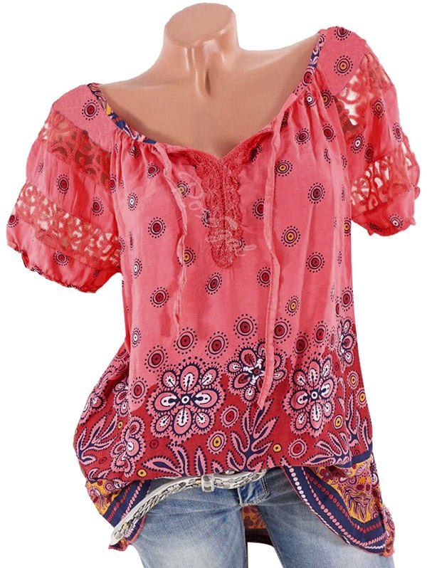 

Plus Size Lace Insert Floral Print Blouse, Red