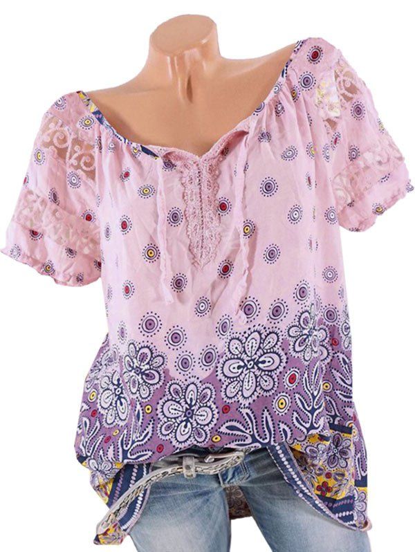 

Plus Size Lace Insert Floral Print Blouse, Light pink