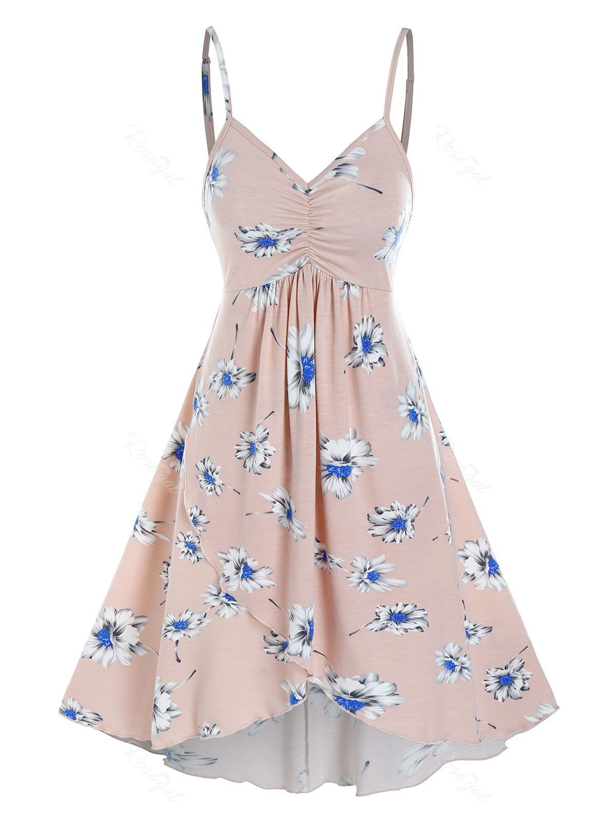 Robe Ligne A à Bretelle à Imprimé Fleurie à Volants Rose  XL