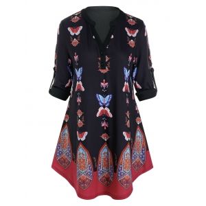 

Plus Size Butterfly Tribal Print Roll Up Sleeve Blouse, Black