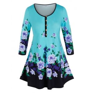 

Plus Size Flower Pattern Buttoned Binding Tunic Tee, Multi