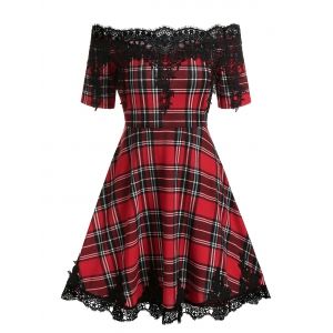 

Off Shoulder Plaid Print Lace Panel Mini Dress, Red