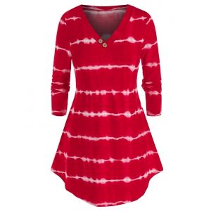 

Plus Size Tie Dye Curved Hem Long Sleeve Tunic Tee, Red