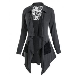

Plus Size Draped Lace Panel Sheer Roll Tab Sleeve Cardigan, Carbon gray