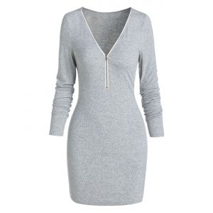 

V Neck Half Zipper Knitted Bodycon Dress, Light gray