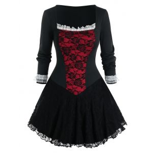 

Plus Size Lace Panel Ruffle Long Sleeve Vintage Dress, Black