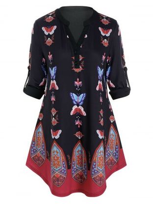Plus Size Butterfly Tribal Print Roll Up Sleeve Blouse
