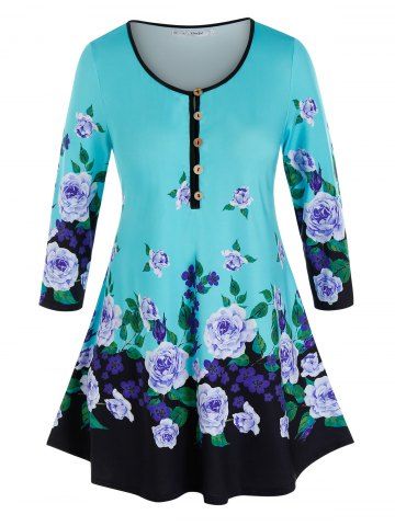 Plus Size Flower Pattern Buttoned Binding Tunic Tee - MULTI - 1X