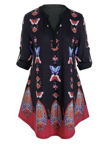 Plus Size Butterfly Tribal Print Roll Up Sleeve Blouse - BLACK - 1X