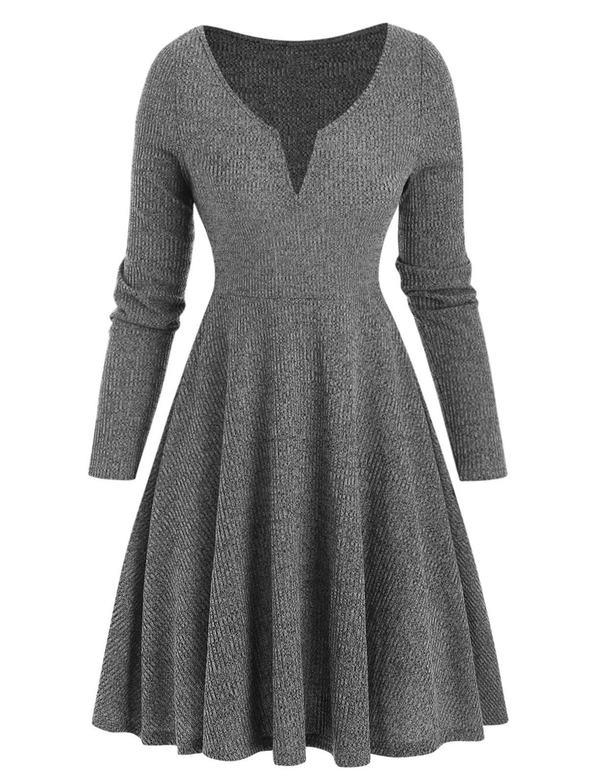 

V Notched Mini A Line Knitwear Dress, Dark gray