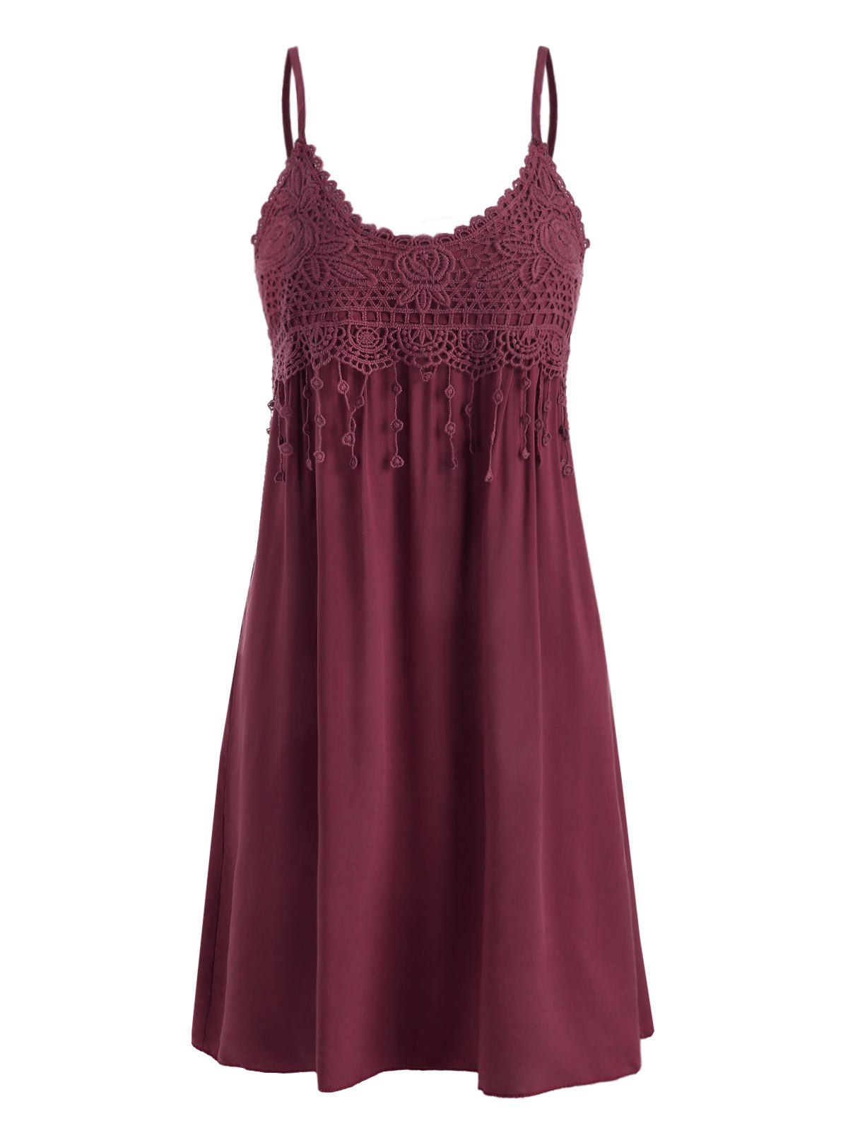 

Crochet Lace Panel Cami Mini Dress, Deep red