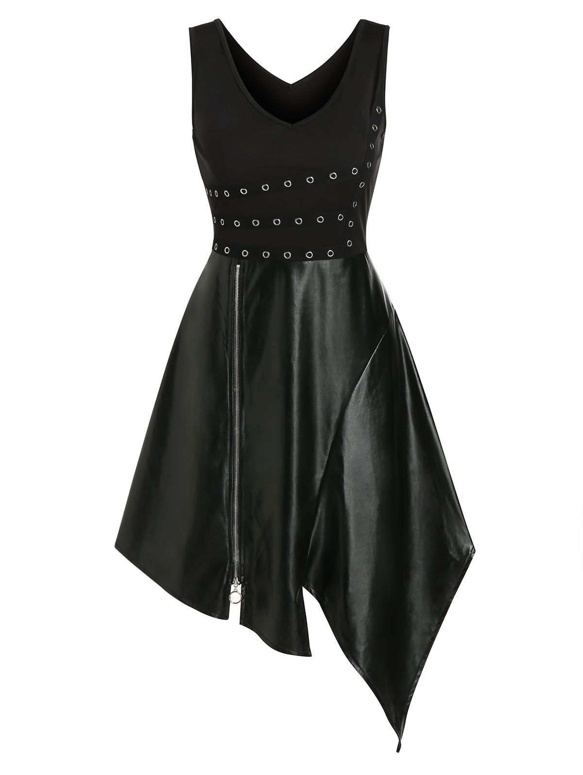 

V Neck Grommet Leather Panel Asymmetrical Gothic Dress, Black