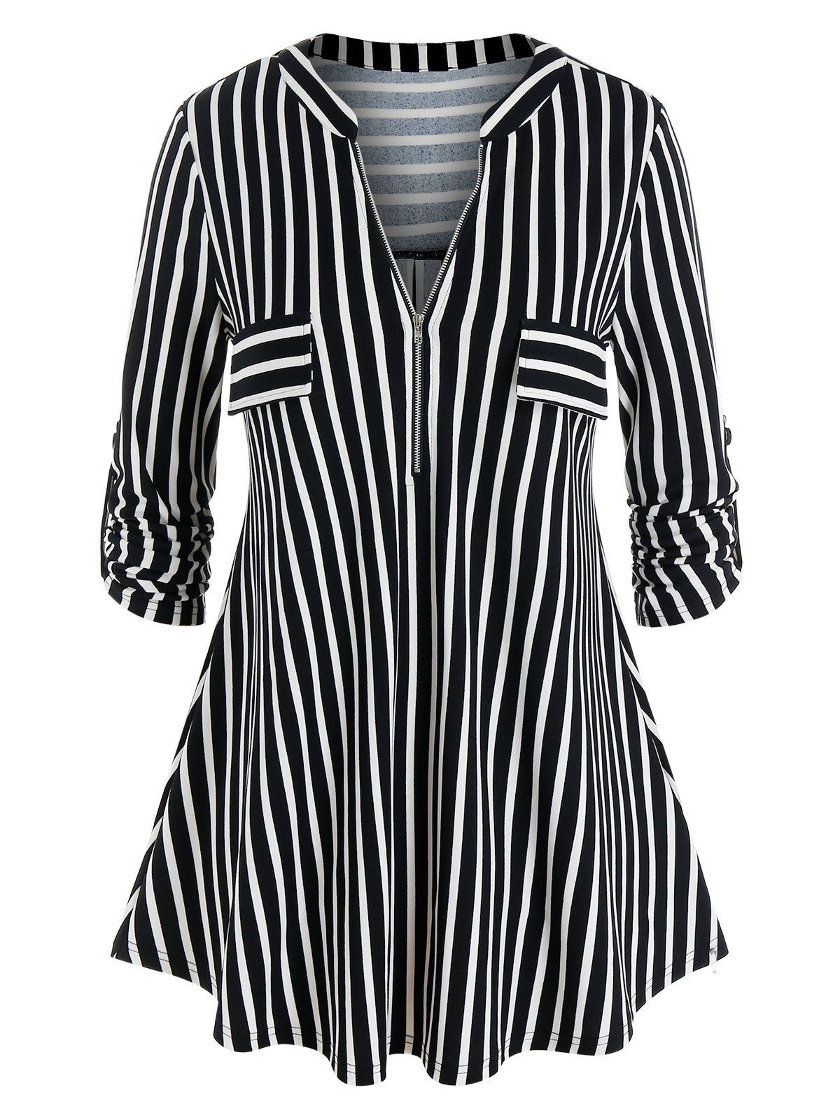 

Plus Size Striped Half Zip Roll Tab Sleeve V Cut Tunic Tee, Black