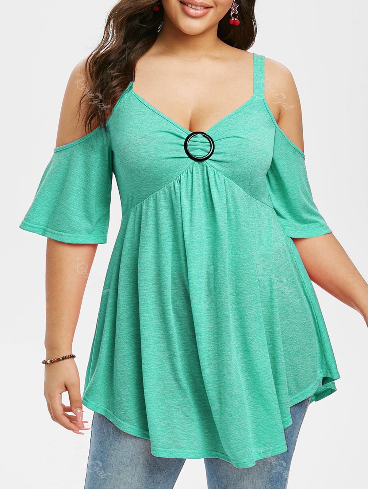 

Plus Size Cold Shoulder Cutout Casual Tunic Tee, Medium turquoise