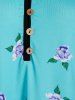 Plus Size Flower Pattern Buttoned Binding Tunic Tee -  
