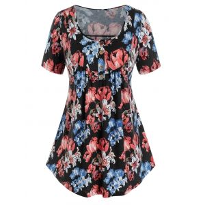 

Plus Size Floral Print Henley Curved Hem T Shirt, Black