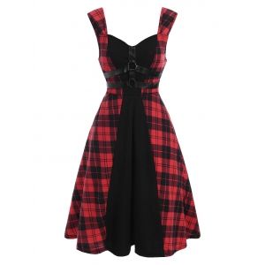 

Plaid O Ring Faux Leather Straps Midi Dress, Red