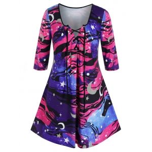 Plus Size Galaxy Moon and Star Tunic Lace-up Tee, Multi