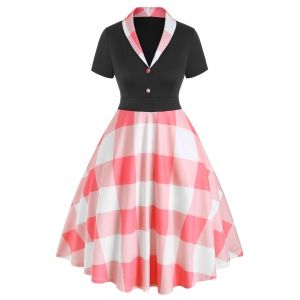 

Half Buttoned Plaid Panel Plus Size Vintage Dress, Light pink