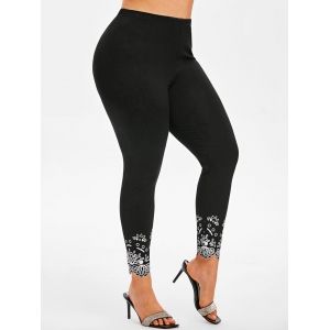 

High Waisted Printed Panel Scalloped Trim Plus Size Leggings, Black