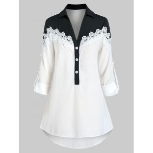 

Plus Size Roll Up Sleeve Colorblock High Low Blouse, White