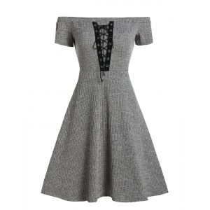 

Off Shoulder Lace Up Knitted A Line Dress, Ash gray
