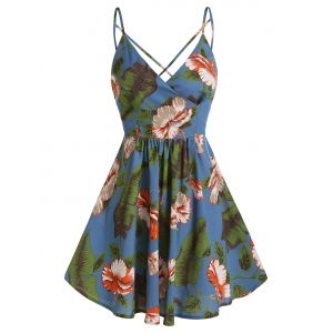 

Flower Palm Print Crisscross Back Slip Dress, Blue