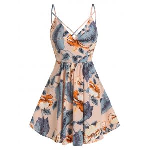 

Flower Palm Print Crisscross Back Slip Dress, Light pink