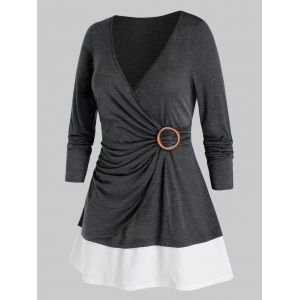 

Plus Size Surplice Ruched Two Tone Plunge Tunic Tee, Carbon gray