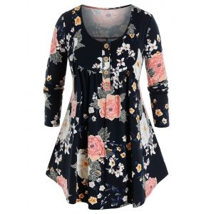 

Plus Size Flower Pattern Placket Curved Hem Tunic Tee, Black