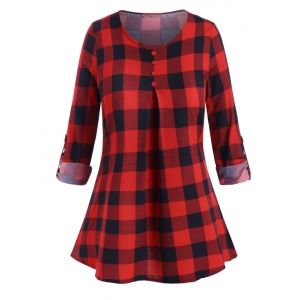 

Plus Size Plaid Print Cuff Sleeve Mock Button Blouse, Red