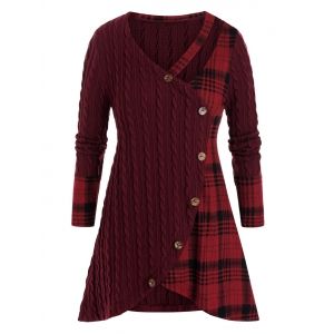 

Plus Size Cable Knit Plaid Tulip Hem Cutout Tunic Sweater, Red wine
