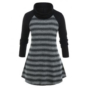 

Plus Size Turtleneck Marled Striped Baseball Tunic Sweater, Black