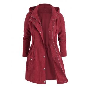 

Plus Size Corduroy Hooded Zip Drawstring Pocket Coat, Red wine