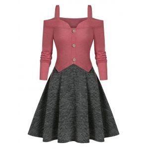 

Cold Shoulder Mock Button 2 In 1 Mini Dress, Cherry red