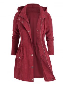 Plus Size Corduroy Hooded Zip Drawstring Pocket Coat - RED WINE - 3X