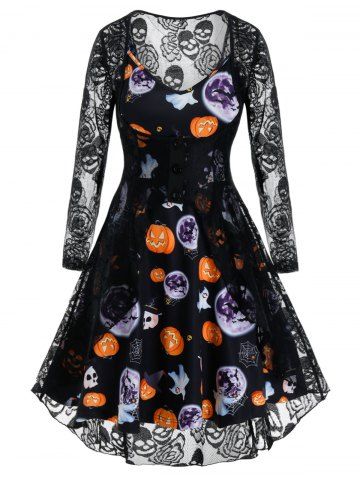 Plus Size Halloween Pumpkin Bat Dress and Lace Sheer Cardigan Set - BLACK - L