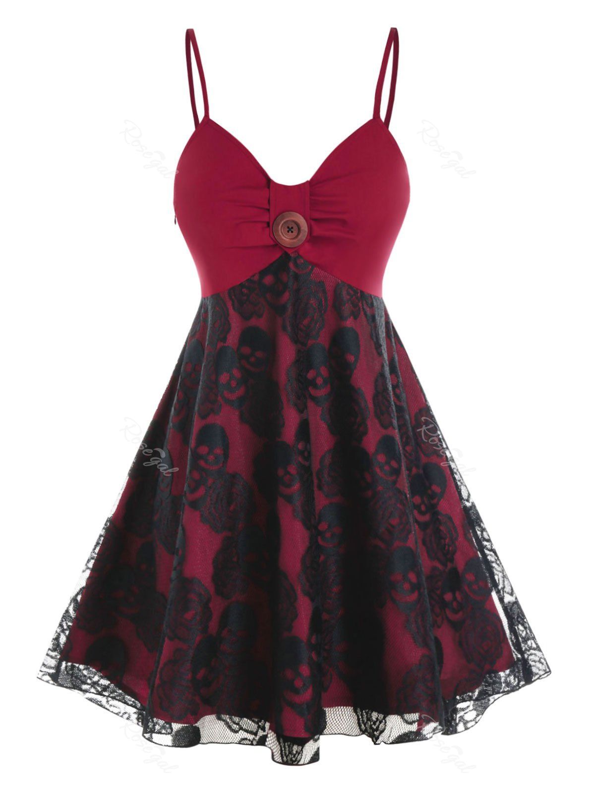 

Plus Size Halloween Skull Lace Knee Length Dress, Red wine