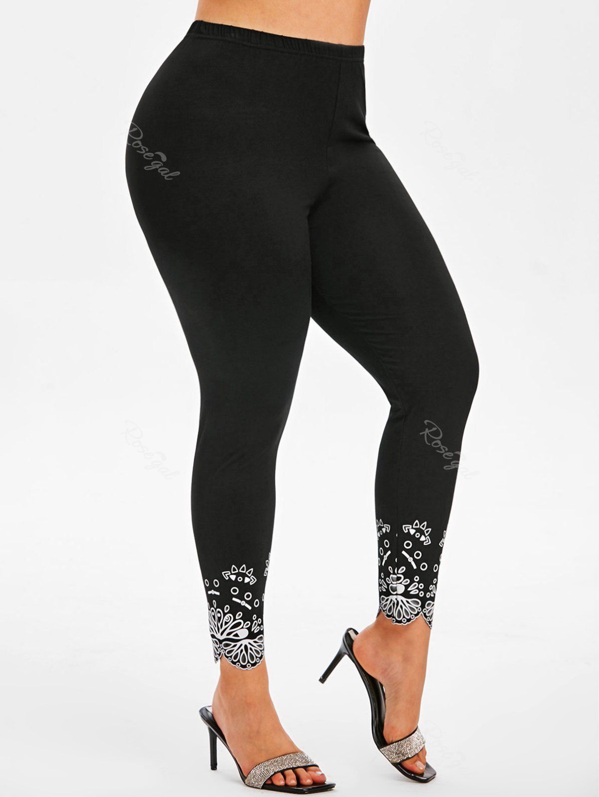 

High Waisted Printed Panel Scalloped Trim Plus Size Leggings, Black