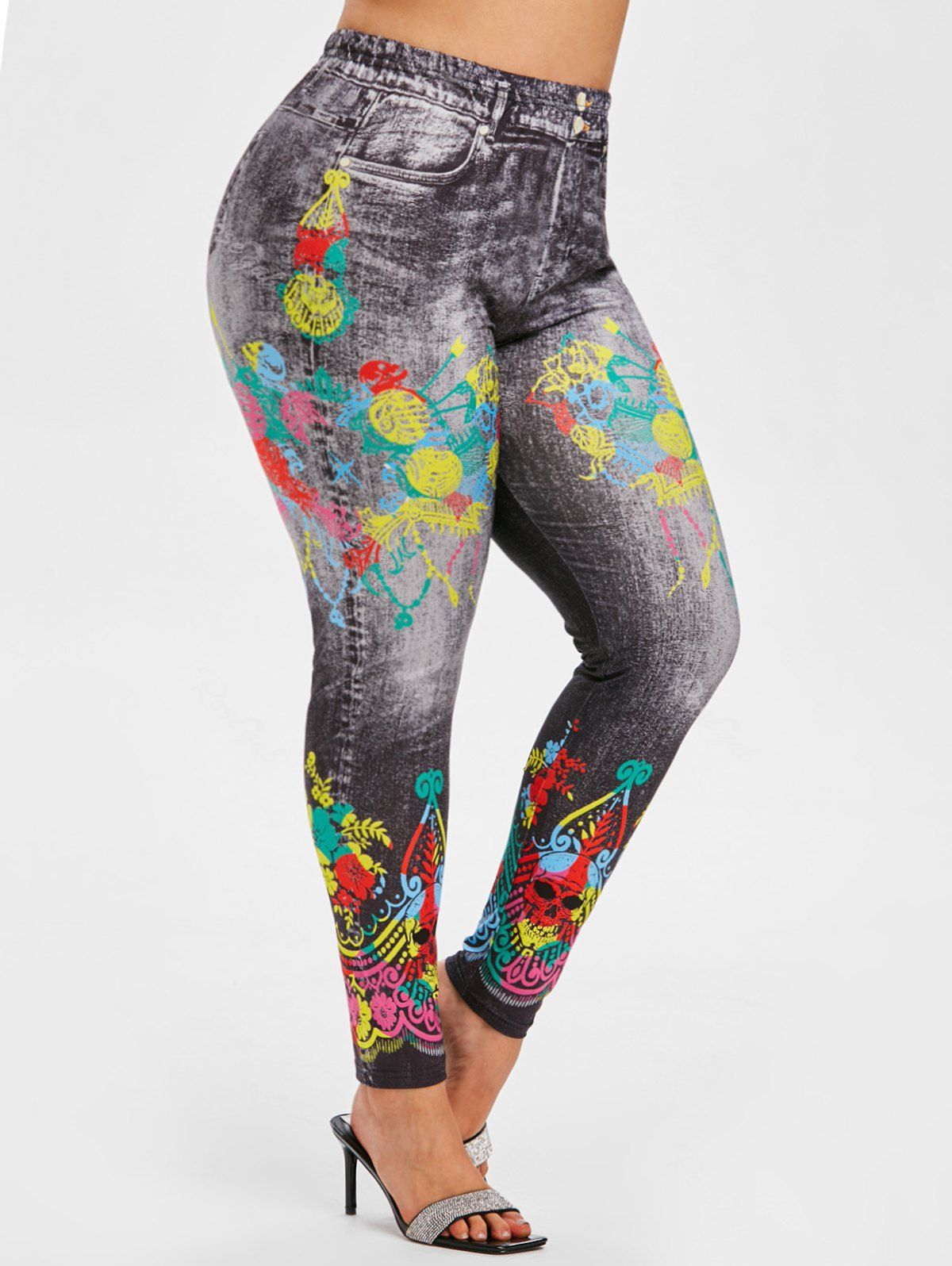 

High Waisted Skull 3D Print Halloween Plus Size Jeggings, Black
