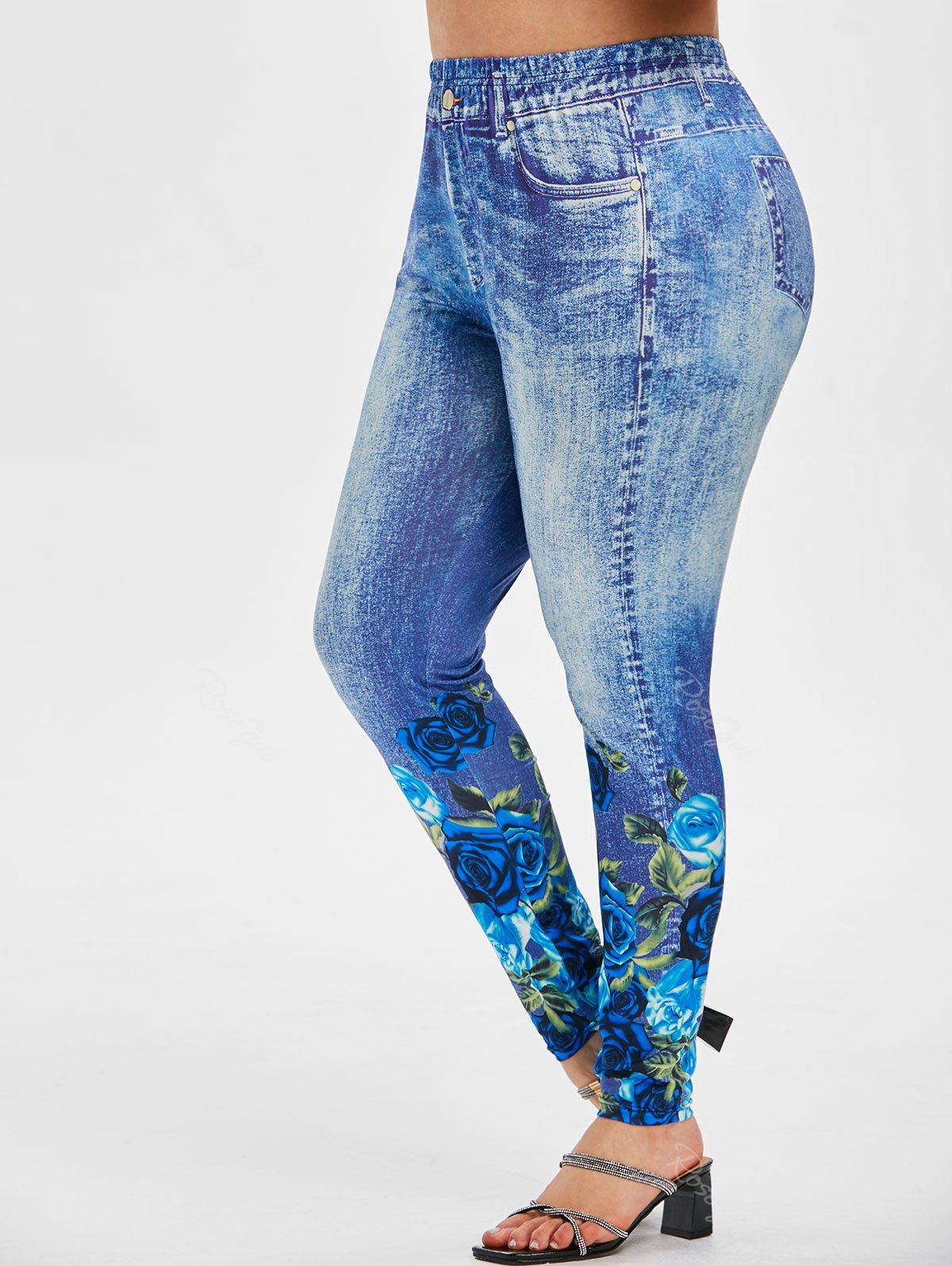 High Waisted Rose 3D Print Plus Size Jeggings, Blue