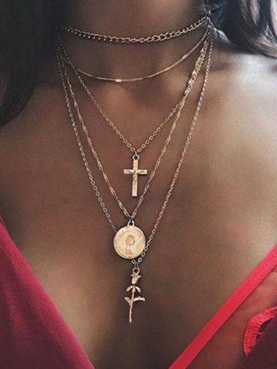 

Coin Crucifix Rose Multilayered Necklace, Golden