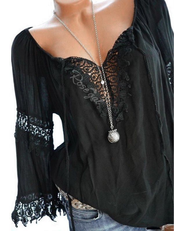 

Plus Size Lace Crochet Peasant Blouse, Black