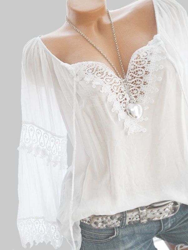 

Plus Size Lace Crochet Peasant Blouse, White