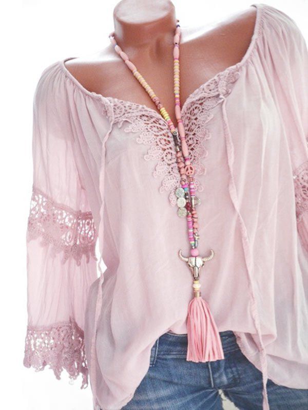 

Plus Size Lace Crochet Peasant Blouse, Light orange
