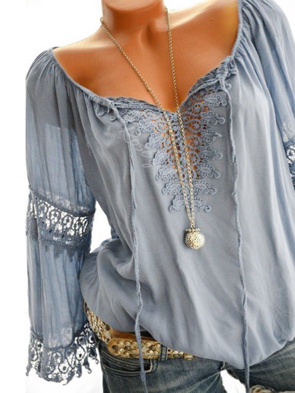 

Plus Size Lace Crochet Peasant Blouse, Light blue