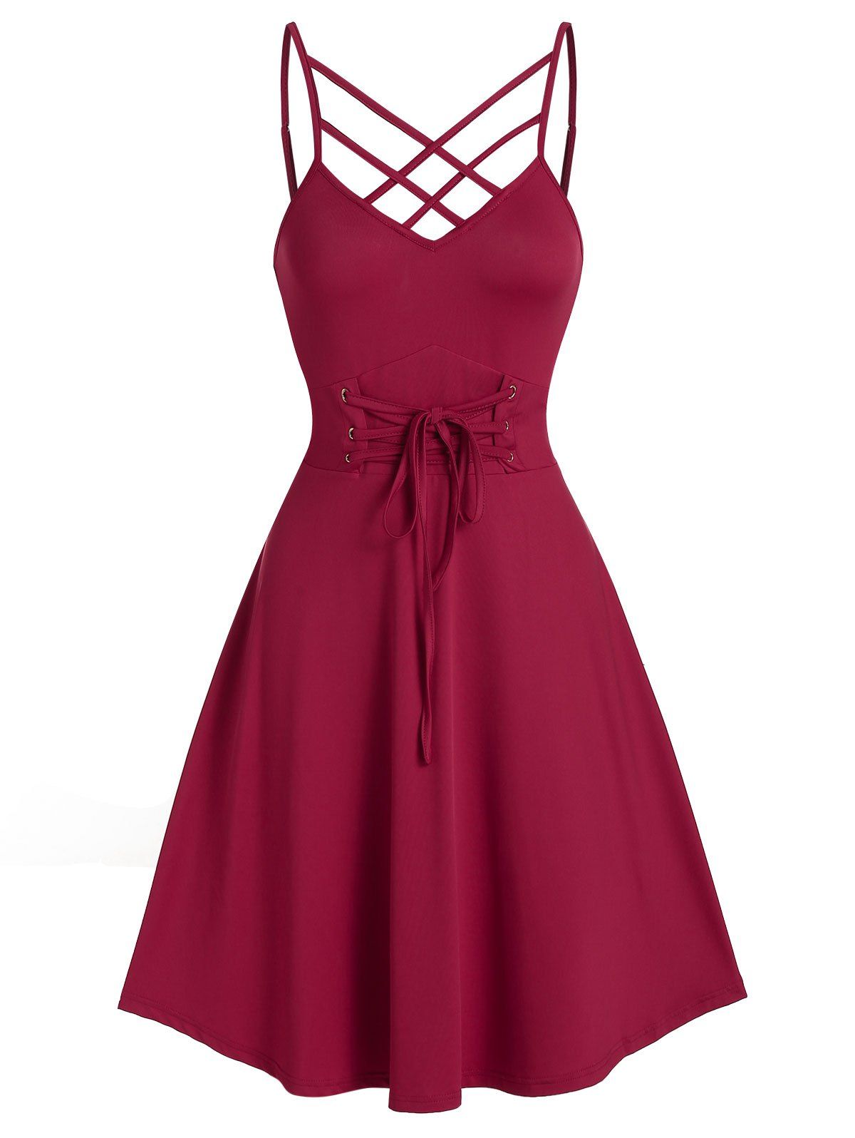 

Strappy Tie Waist Cami A Line Dress, Red wine