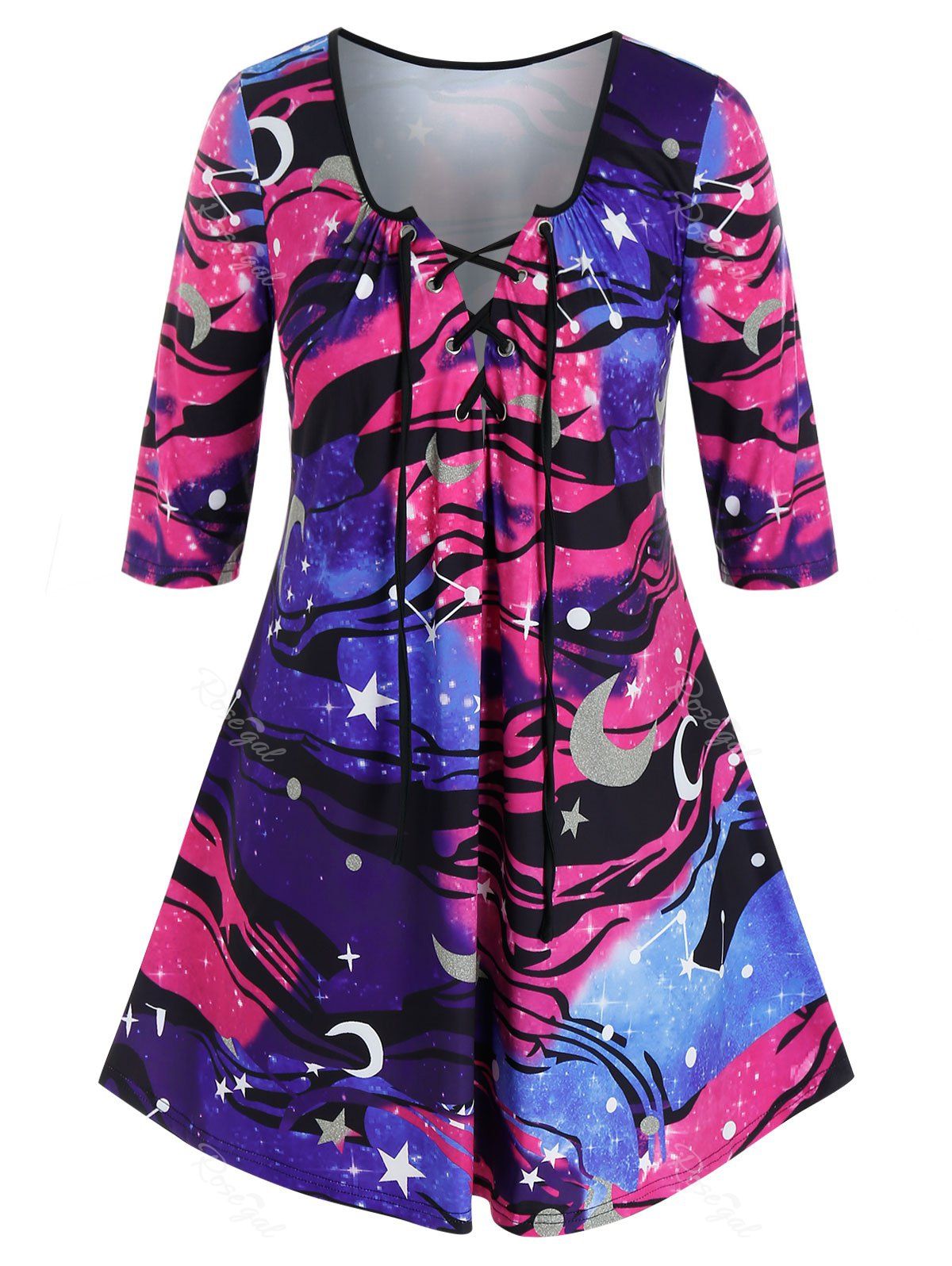 Fancy Plus Size Galaxy Moon and Star Tunic Lace-up Tee  
