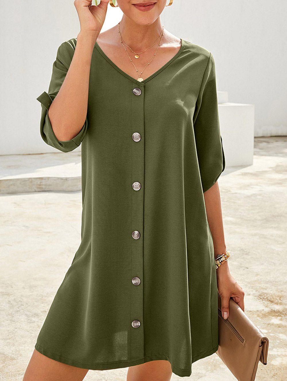 

Roll Button Sleeve Button Embellished Mini Dress, Deep green