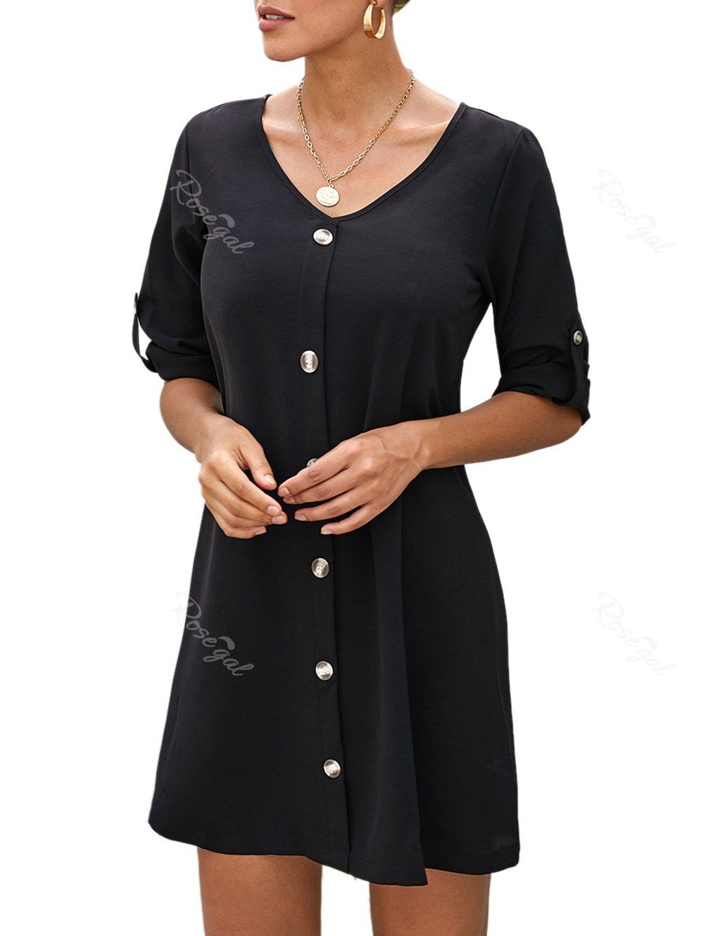 

Roll Button Sleeve Button Embellished Mini Dress, Black